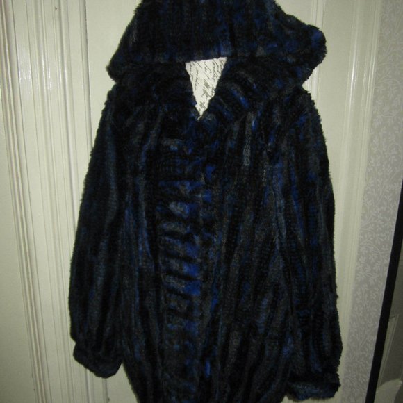 OOAK blue & black rabbit fur jacket with hood